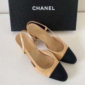 CHANEL Iconic Beige Goatskin & Black Grosgrain Slingbacks - Size 36.5-Authentic